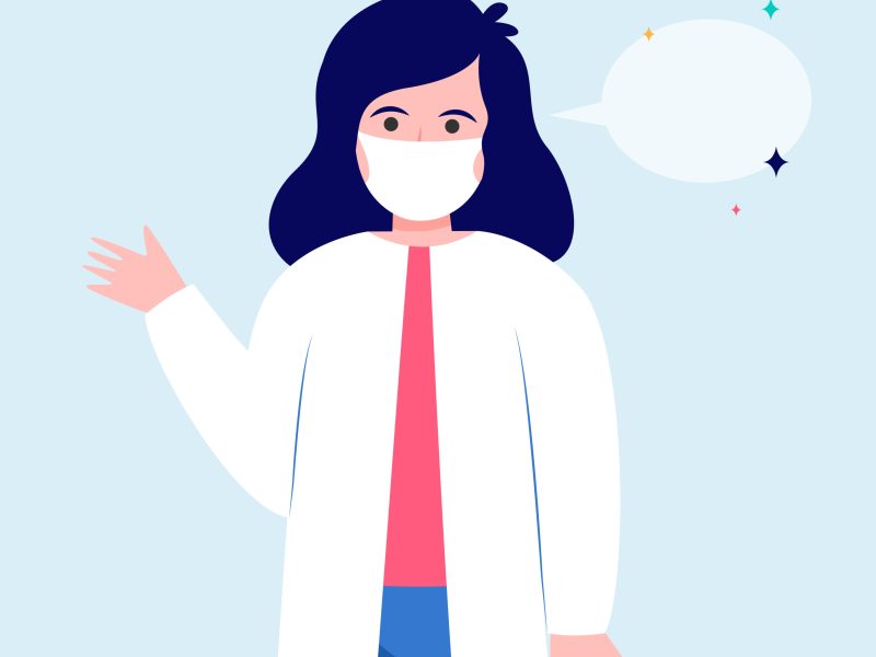 Female doctor and empty speech bubble. Mask, nurse, recommendation flat vector illustration. Communication and message concept for banner, website design or landing web page